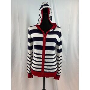Nautical Striped Zip‎ Up Sweater Red Trim White Navy Blue Casual Comfort Medium